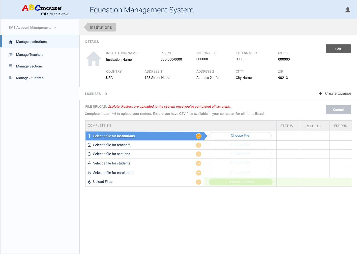 An institution detail page with licenses and a six-step CSV roster-upload flow.