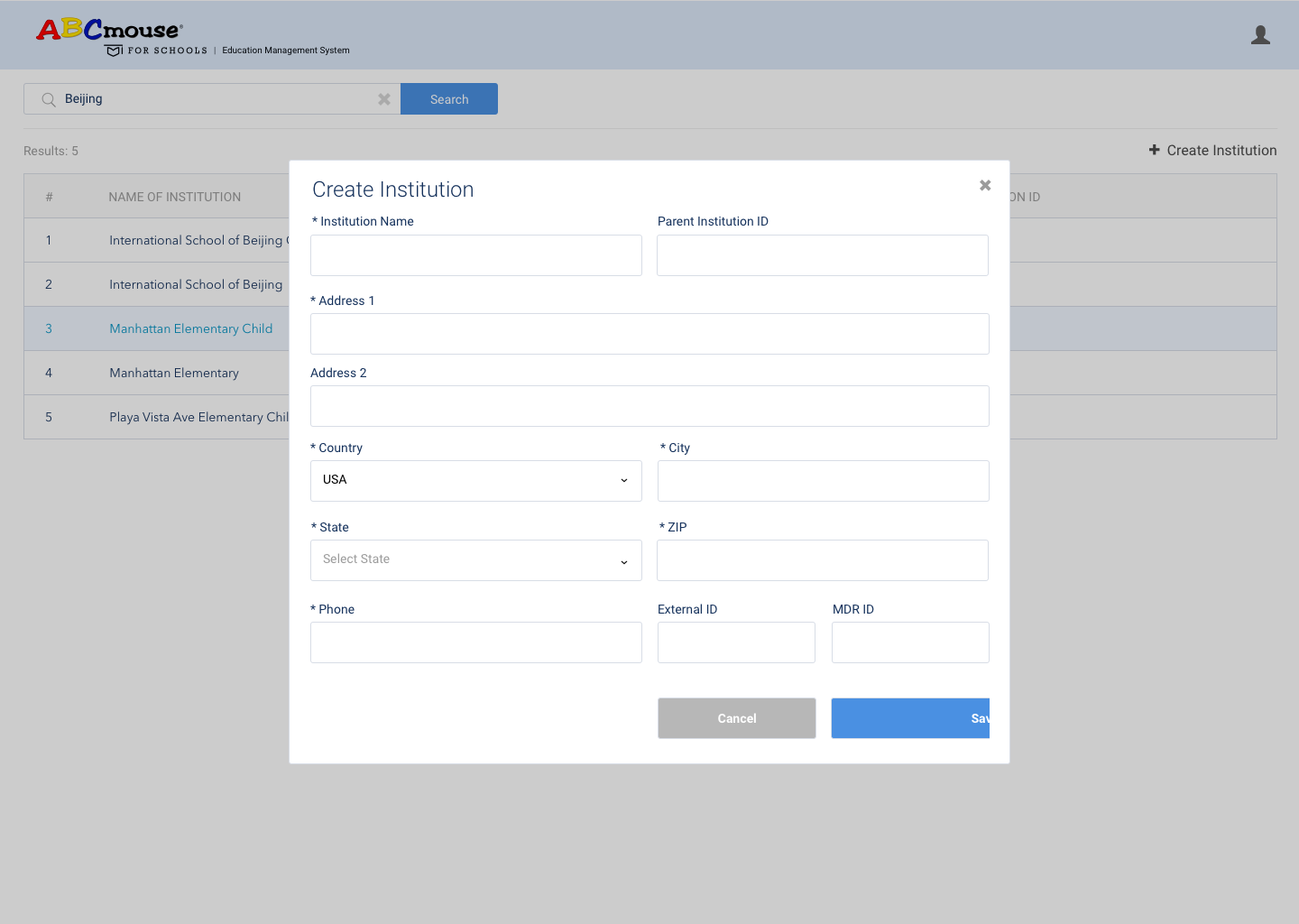 A Create Institution modal with fields for name, address, and external IDs.
