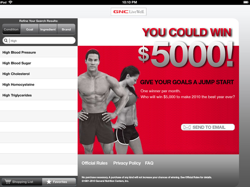 A GNC LiveWell kiosk screen with guided search by condition, goal, ingredient, and brand.