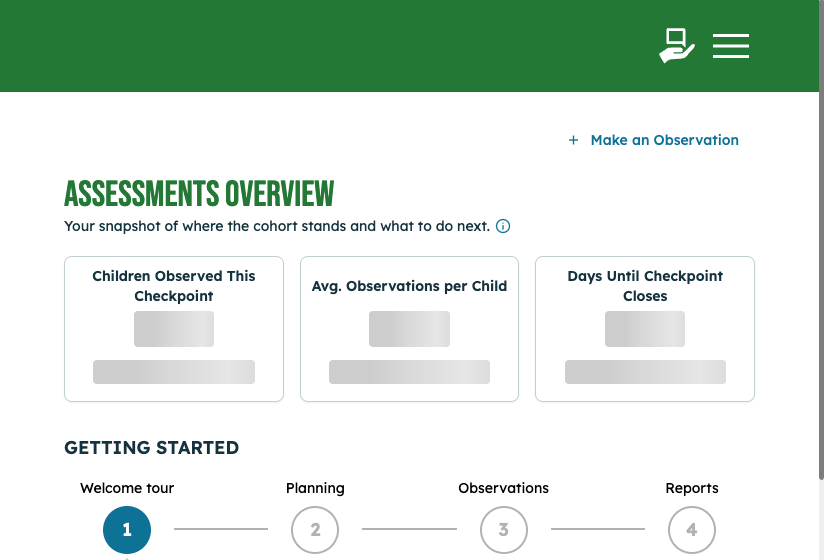 The Assessments Overview page: checkpoint snapshot cards above a getting-started path.