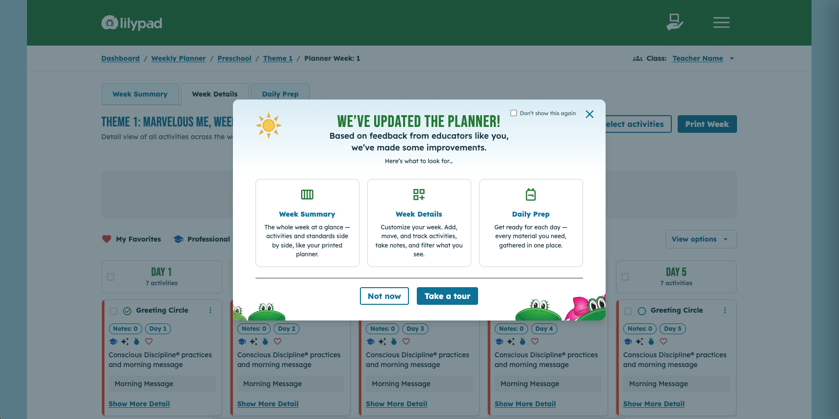 The Weekly Planner with an onboarding modal introducing its three updated views.