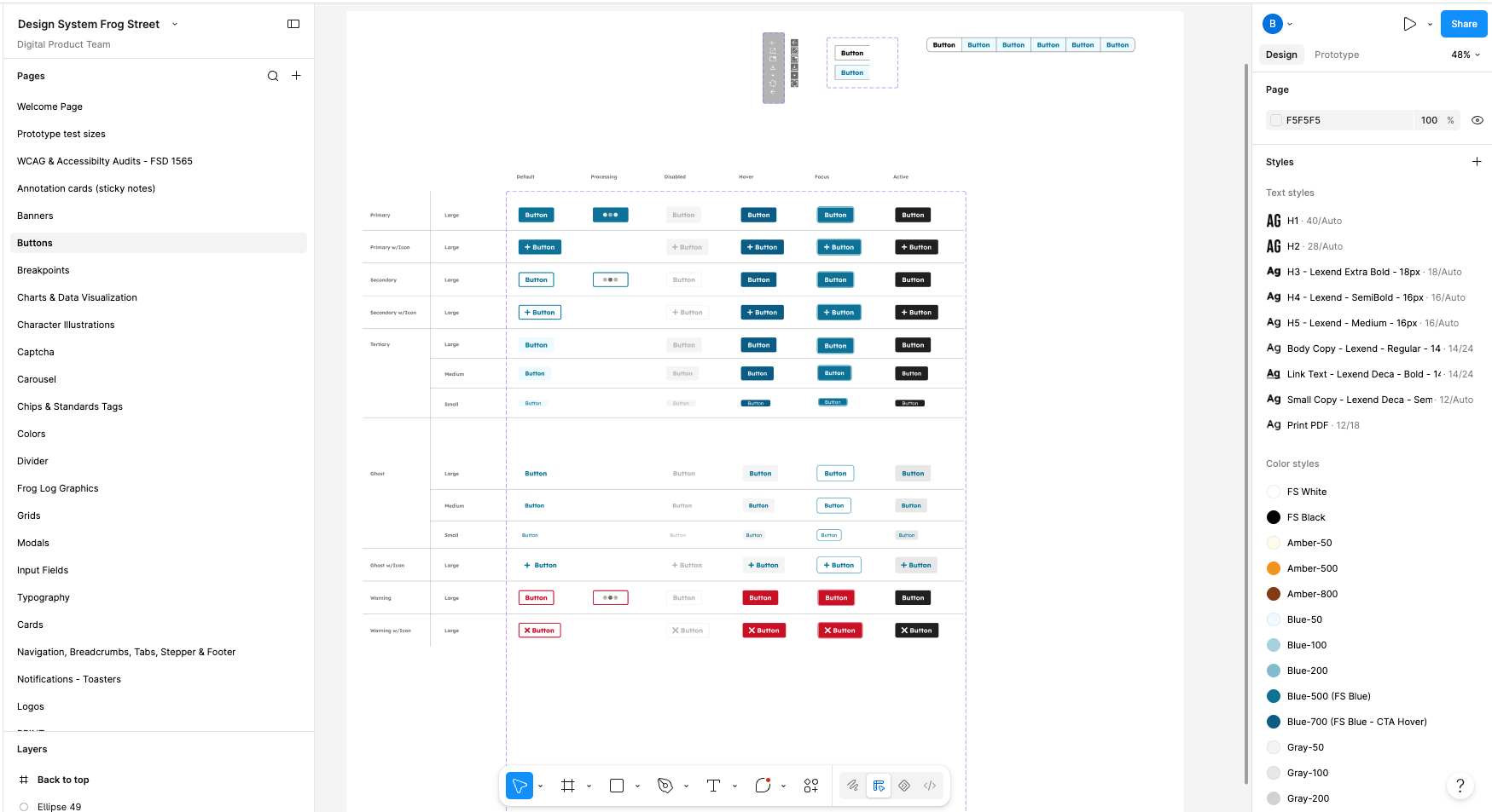 The button matrix in Frog Street's Figma design system: variants, states, and sizes.