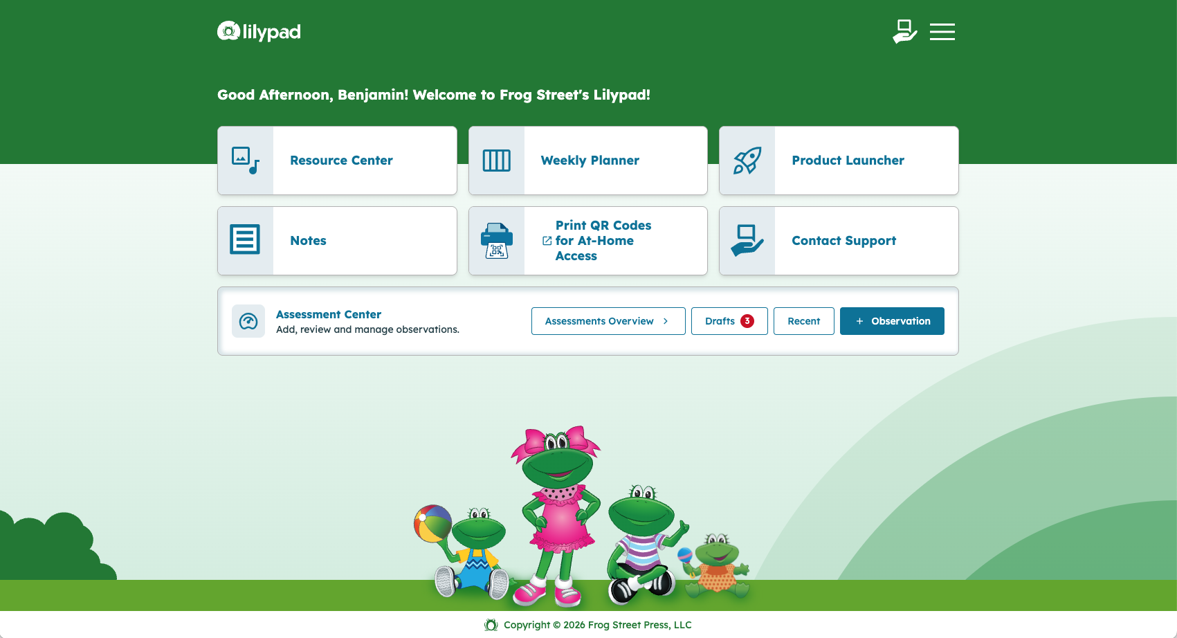 The Lilypad teacher dashboard after login, with cards for its core tools.
