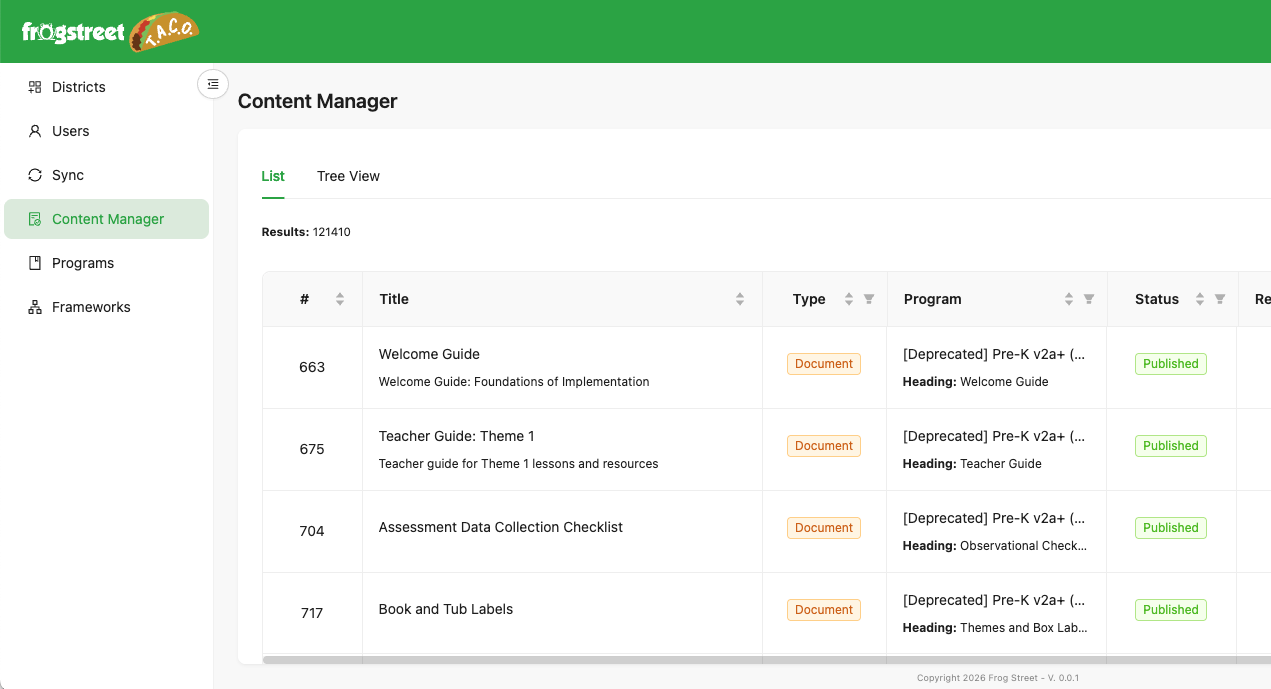 TACO's Content Manager: a searchable, filterable table of curriculum documents.