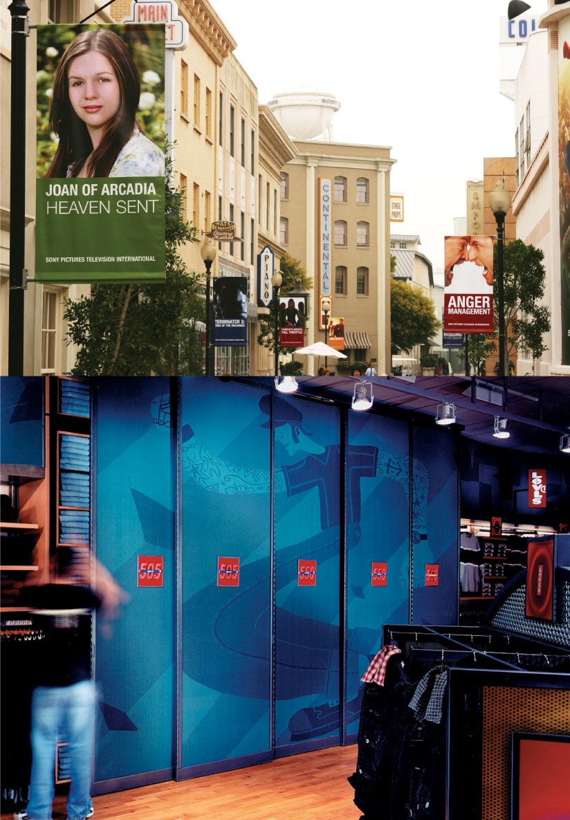 Sony Pictures studio-lot banners and a Levi's retail interior with large illustrated panels.