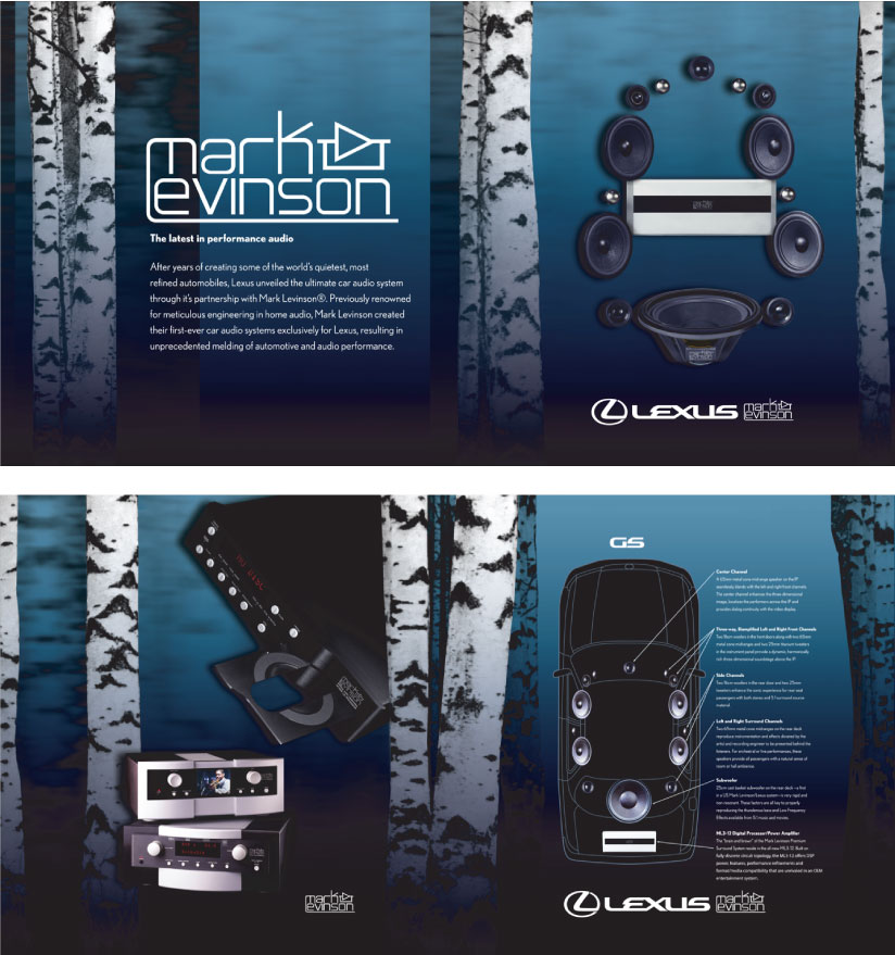 Mark Levinson and Lexus brochure spreads with annotated speaker diagrams.