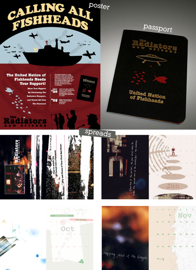 The Radiators poster, passport booklet, and calendar spreads.