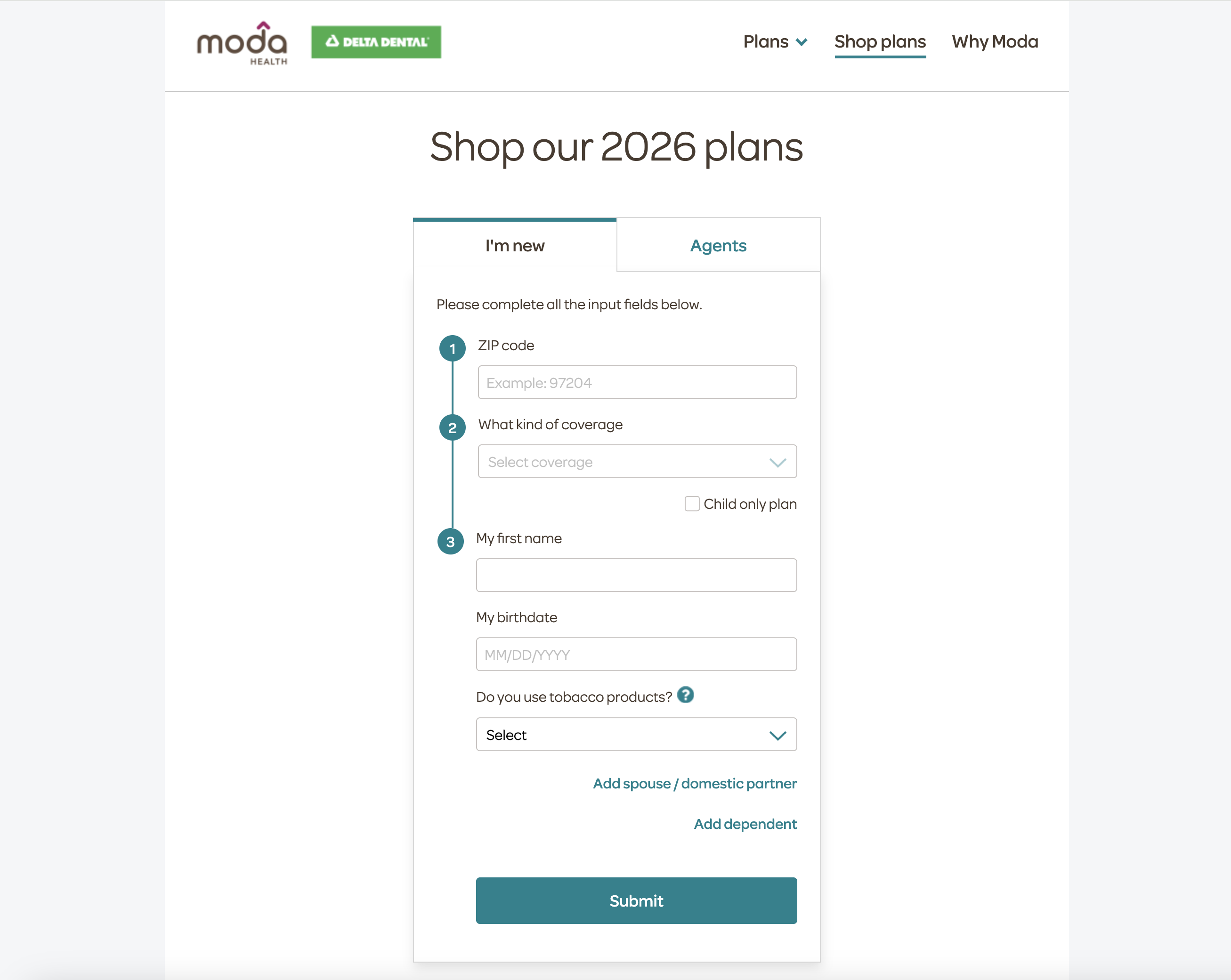 Moda's plan-shopping intake form, with customer and agent tabs and modular numbered steps.
