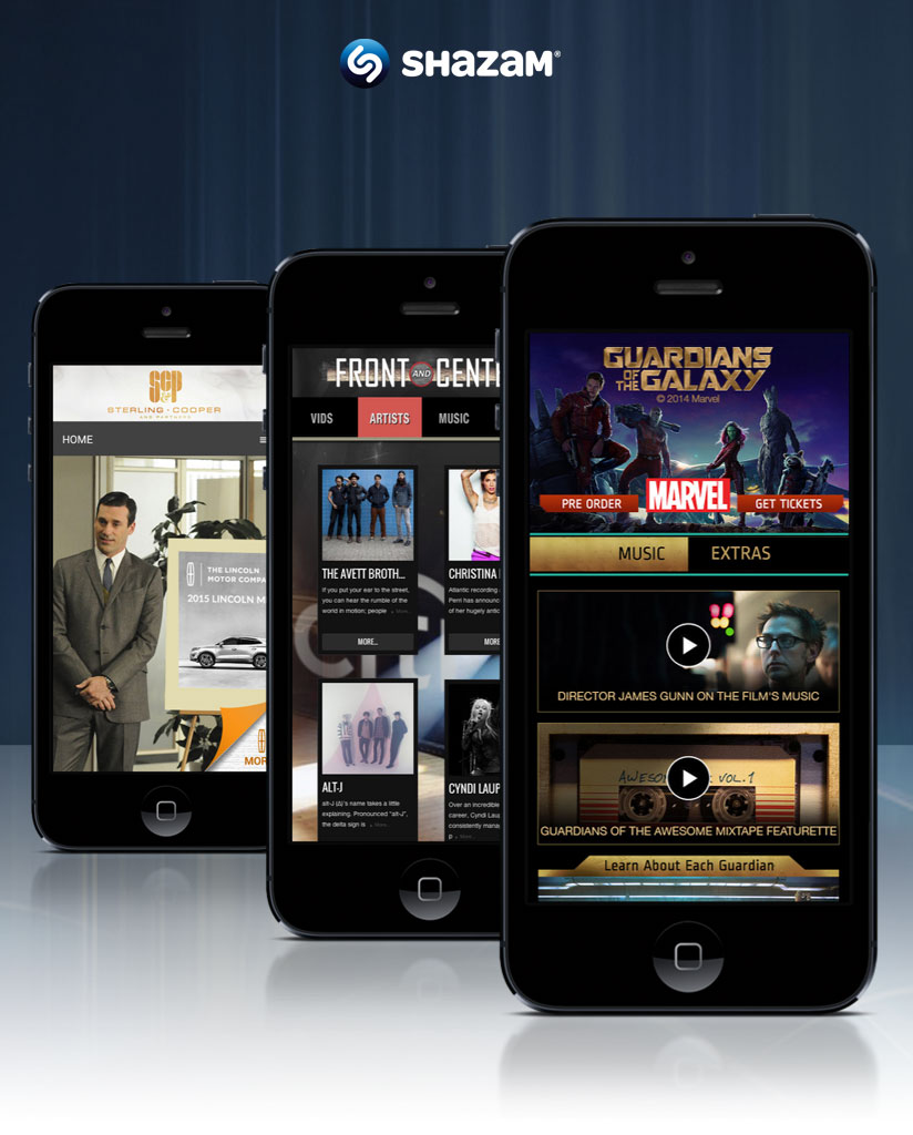 Shazam second-screen experiences for Mad Men, Front & Center, and Guardians of the Galaxy.